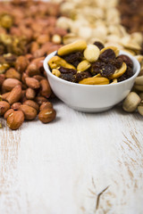 Nuts in a plate on a  wooden table.