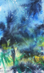 Watercolor night exotic landscape. Painting tropical palm background with stars. Hand drawn abstract illustration