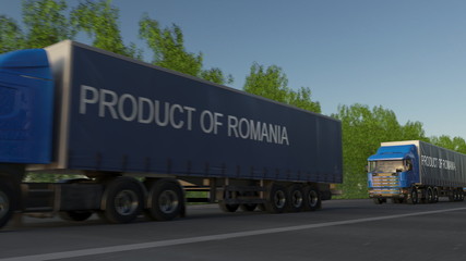 Fototapeta na wymiar Moving freight semi trucks with PRODUCT OF ROMANIA caption on the trailer. Road cargo transportation. 3D rendering