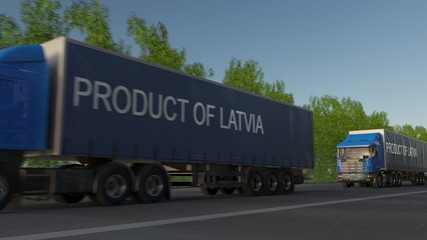 Moving freight semi trucks with PRODUCT OF LATVIA caption on the trailer. Road cargo transportation. 3D rendering