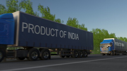 Fototapeta na wymiar Moving freight semi trucks with PRODUCT OF INDIA caption on the trailer. Road cargo transportation. 3D rendering