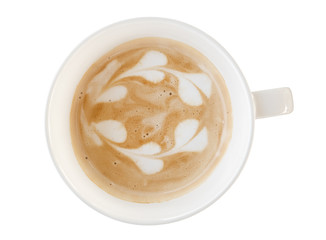 Top view hot coffee cappuccino latte art isolated on white background, clipping path included