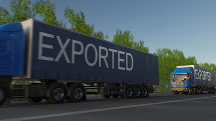 Fototapeta na wymiar Speeding freight semi truck with EXPORTED caption on the trailer. Road cargo transportation. 3D rendering