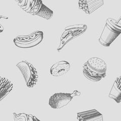 Fastfood seamless pattern. Hand-drawn vector food illustration. Eps10 format.