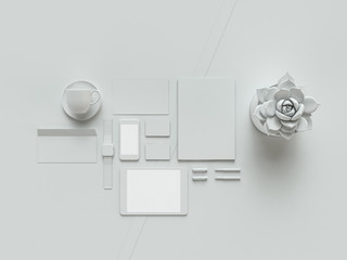 Grey and isolated office supplies with attributes furniture for office. 3D illustration.