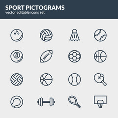 Sport pictograms set. Line art sport icons. Editable strokes. Active lifestyle. Eps10 vector.