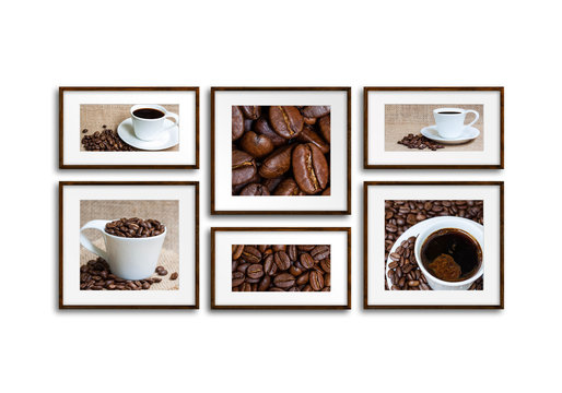 Collage of six wooden frames with coffee motif pictures, coffee shop interior design idea