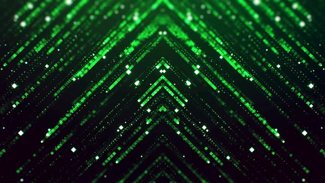 Abstract computer animated background with igniting green lights moving to edges from center against black background