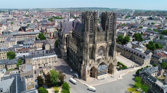 France, Marne, Reims, Aerial view of Notre-Dame de Reims cathedral, listed as World Heritage by UNESCO