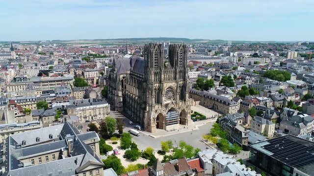 France, Marne, Reims, Aerial view of Notre-Dame de Reims cathedral, listed as World Heritage by UNESCO