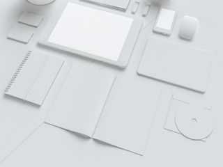 Grey and isolated office supplies with attributes furniture for office. 3D illustration.