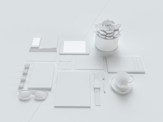 Grey and isolated office supplies with attributes furniture for office. 3D illustration.