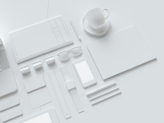 Grey and isolated office supplies with attributes furniture for office. 3D illustration.