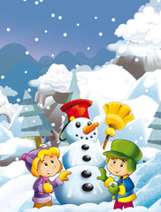 cartoon scene with kids building happy snowman - illustration for children