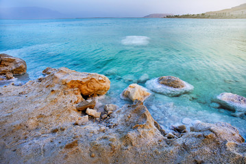 Obraz na płótnie Canvas View of Dead Sea coastline at sunset, Israel