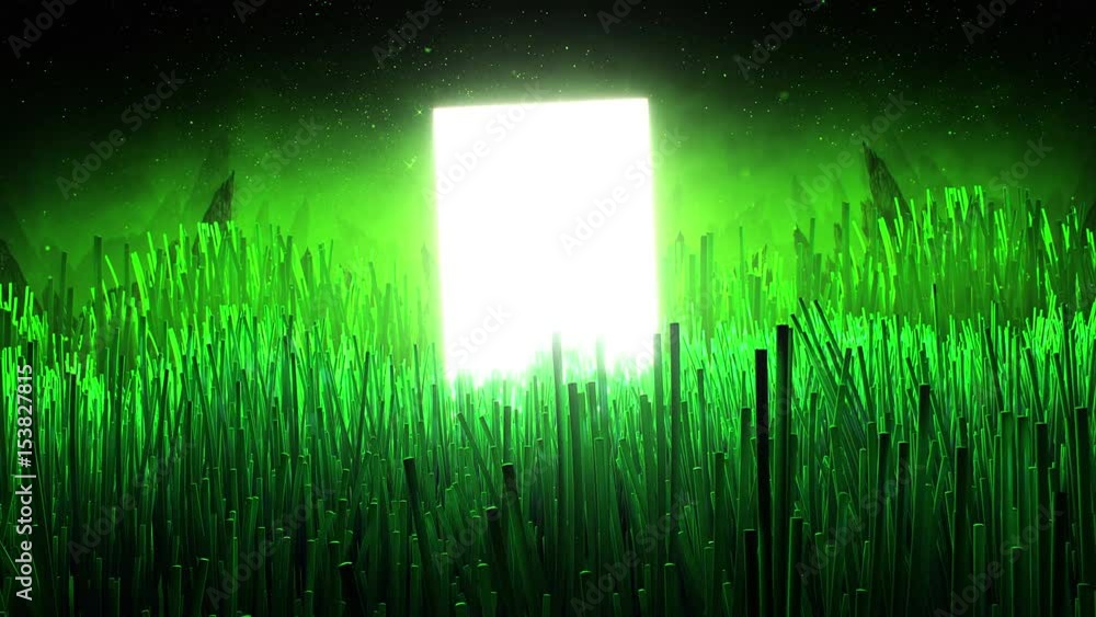 Poster computer generated animation of green glowing fibers waving around shining rectangle. concept of flo