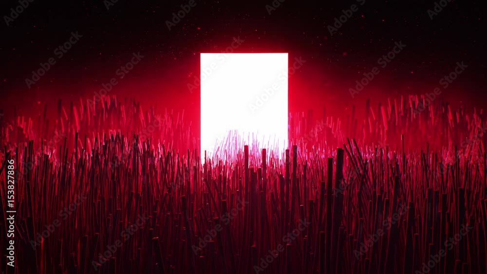 Poster computer generated animation of red glowing fibers waving around shining rectangle. concept of plant