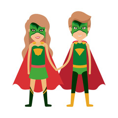 colorful silhouette with duo of superheroes united of the hands and her with long wavy hair and without contour vector illustration