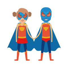 colorful silhouette with duo of superheroes united of the hands and her with collected hair and without contour vector illustration