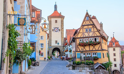 Classic postcard  view of the medieval old town of Rothenburg ob der Tauber, Franconia, Bavaria,...