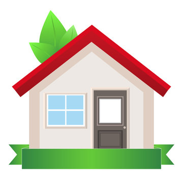 Eco-friendly construction, eco house icon, isolated illustration with ribbon.