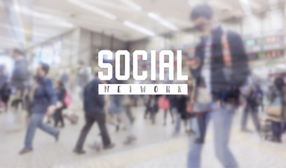 Social network on blur business people background. graphics design use for brochure report cover