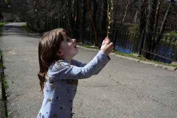 Girl playing with tree