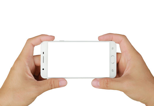 Hand holding mobile smartphone with white screen. Mobile photography concept. Isolated on white.