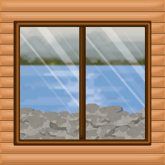 background interior wooden cabin with blur river with rocks scenary behind window vector illustration