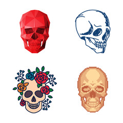 Different style skulls faces vector illustration halloween horror style tattoo anatomy art.