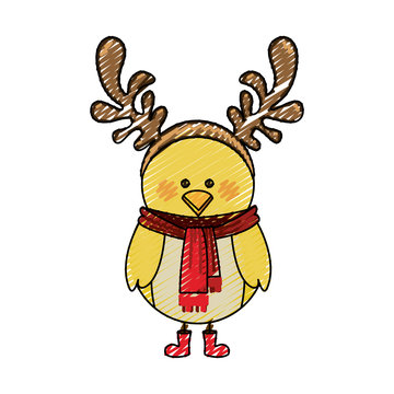 color crayon stripe cartoon of chicken with horns of reindeer vector illustration