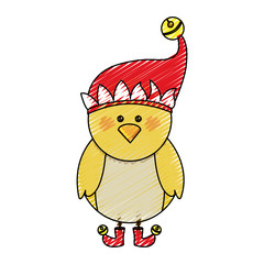 color crayon stripe cartoon of chicken with boots and christmas hat vector illustration