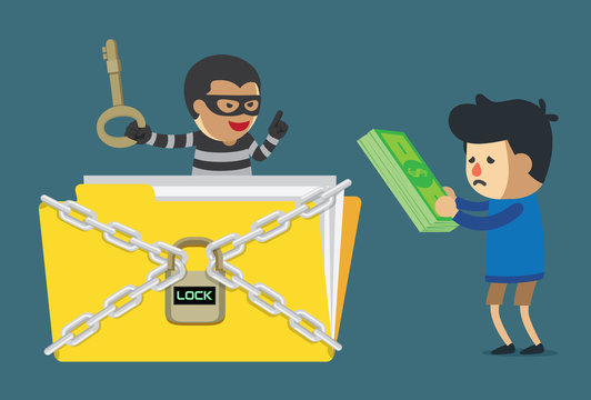Man paying money to cyber criminal for unlock data file. Illustration about computer hacking.