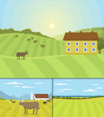 Village landscapes vector illustration farm house agriculture graphic countryside