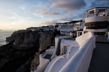 White architecture on Santorini Island, Greece. Beautiful landscape with sea view at sunset