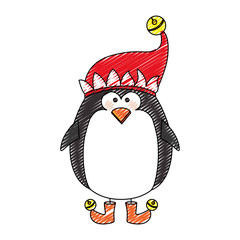 color crayon stripe cartoon of penguin with boots and gloves and christmas hat vector illustration