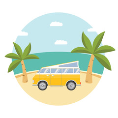 Summer tropical beach landscape with palm trees and the tourist camper van