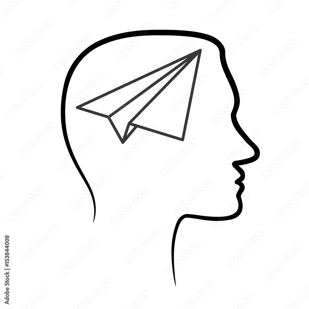Poster outline design icon with human head, brain and black linear paper plane. abstract outline man head a