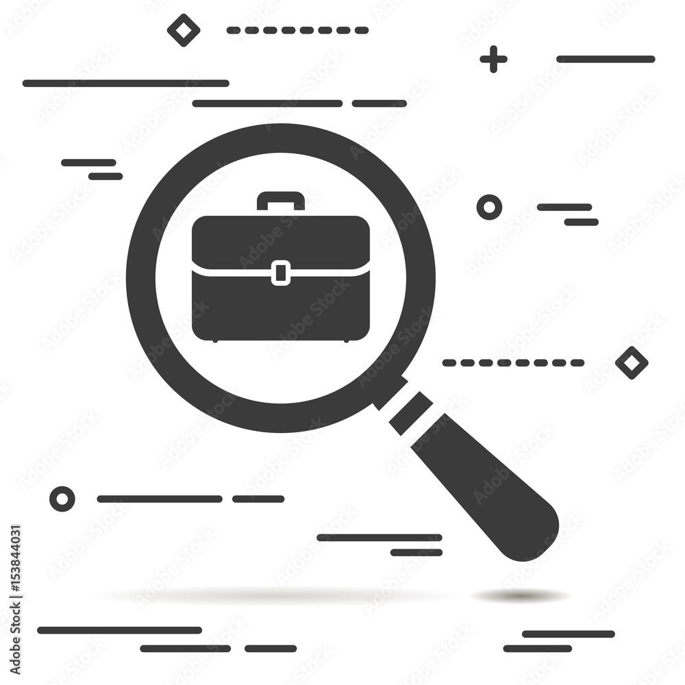 Poster flat line design graphic image concept of magnifying glass with flat portfolio briefcase icon on a g