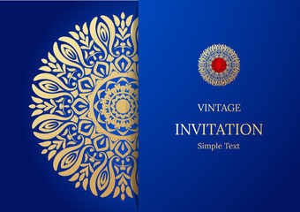 Elegant Save The Date card design. Vintage floral invitation card template. Luxury swirl mandala greeting  gold and blue card