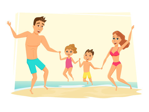 Family jumping on the beach