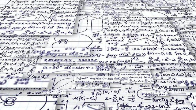 Moving pieces of squared paper of math formulas and equations. Computer generated background