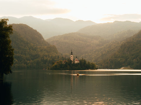 Scenic view of island with Mary Pilgrimage Church in bled lake