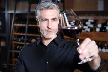 Fototapeta Czerwone wino, Mężczyzna ocenia barwę wina w kieliszku obraz