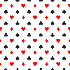 Seamless pattern background of poker suits - hearts, clubs, spades and diamonds - arranged in the rows on white background. Casino gambling theme vector illustration.