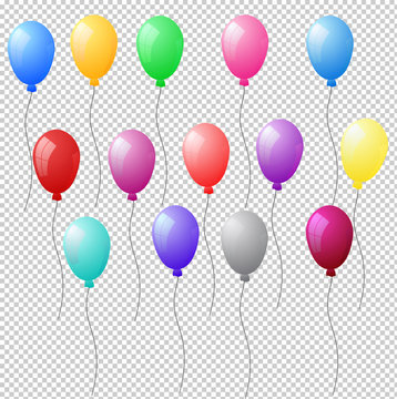 Set of colorful realistic helium balloons on transparent background. Vector illustration eps 10