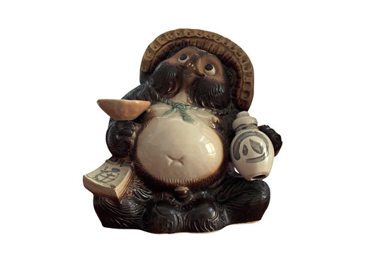 Tanuki Statue with Sake Bottle on White Background