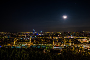 Lyon city panorama by night a day of full moon, great !