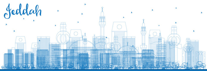 Outline Jeddah Skyline with Blue Buildings.