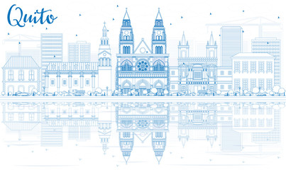 Outline Quito Skyline with Blue Buildings and Reflections.